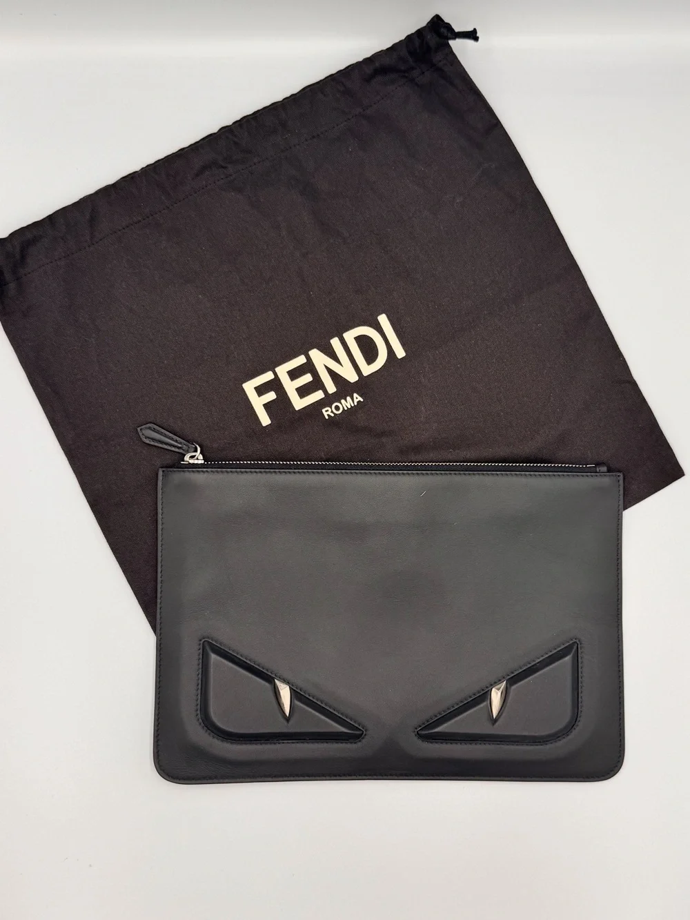 Fendi Black Leather Monster Bag Bugs Zip Pouch with Silver Accents